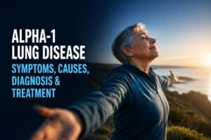 Woman standing outdoors at sunrise taking a deep breath, representing lung health and living with Alpha-1 Antitrypsin Deficiency.